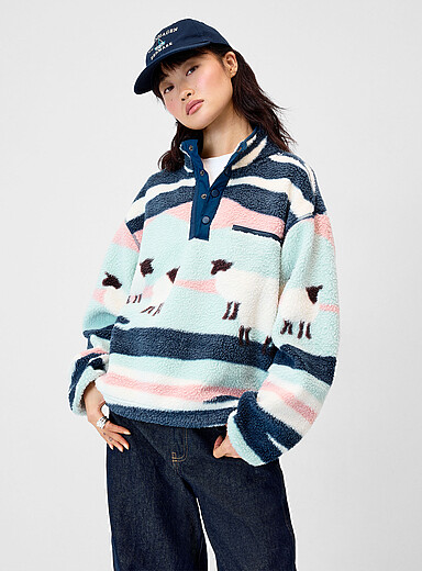 Twik Patterned Blue Printed high-pile fleece sweater for women