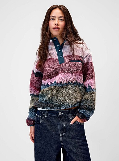 Twik Eggplant/Plum Printed high-pile fleece sweater for women
