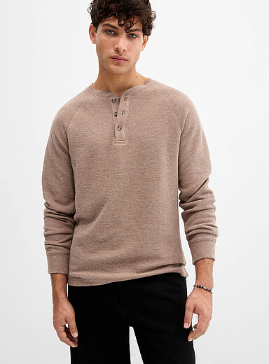 Le 31 Taupe Raglan-sleeve Henley T-shirt for men