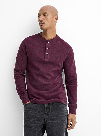 Le 31 Burgundy Raglan-sleeve Henley T-shirt for men