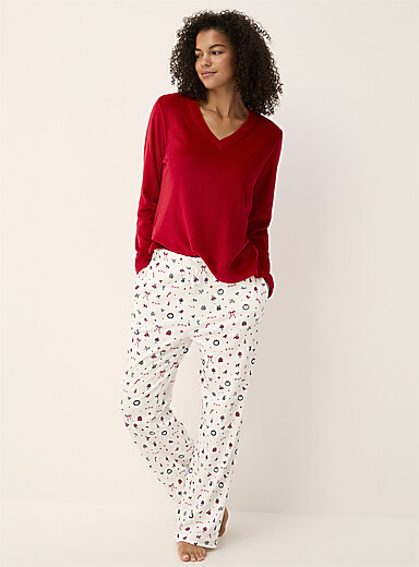 Miiyu: Le pantalon pyjama velout&eacute; esprit d'hiver <b>Collection de No&euml;l</b> &Eacute;cru &agrave; motifs pour femme