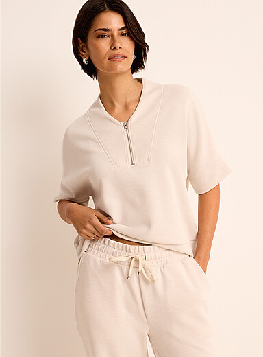 Miiyu Ivory/Cream Beige Peachskin-feel zipped V-neck sweatshirt for women