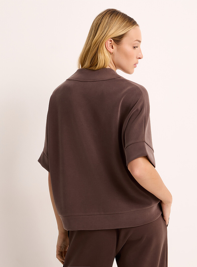 Miiyu: Le sweat col V zipp&eacute; toucher peau de p&ecirc;che Chocolat - Espresso pour femme