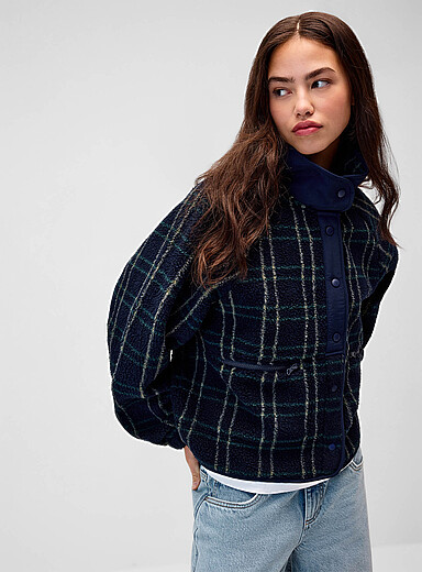 Twik Patterned Blue Nylon details fleece jacket for women