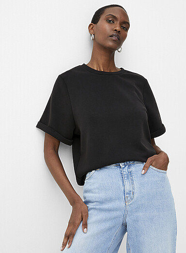 Rolled sleeves peachskin T-shirt