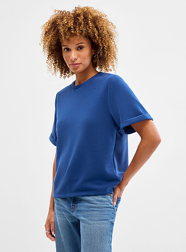 Contemporaine Medium Blue Rolled sleeves peachskin T-shirt for women