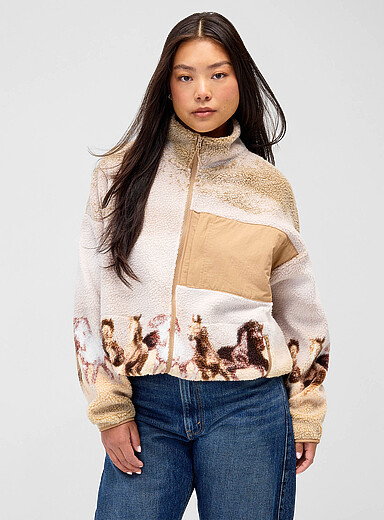 Twik: La veste ample moutonn&eacute;e et imprim&eacute;e Beige et brun pour femme