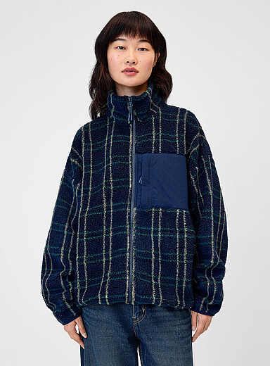 Twik Patterned Blue Loose printed fleece jacket for women
