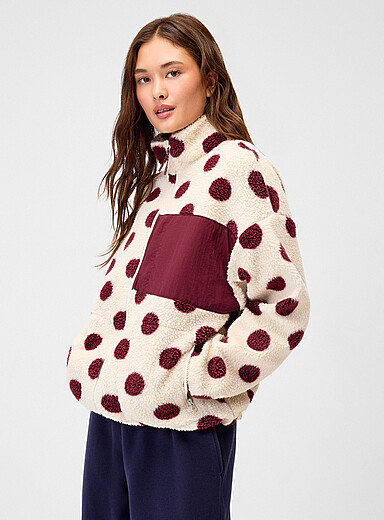 Twik White/Polka Dot Loose printed fleece jacket for women