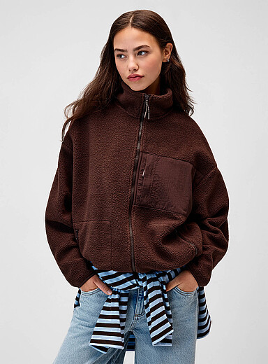 Twik Brown Loose patterned fleece jacket for women