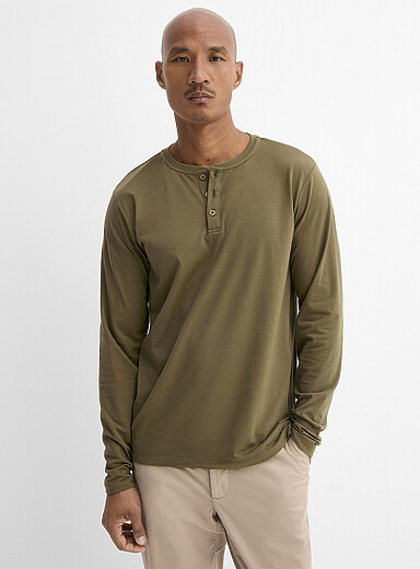 Le 31: Le t-shirt henley manches longues Vert fonc&eacute; - Mousse pour homme