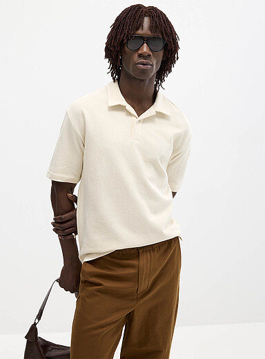Le 31: Le polo col Johnny trame chevrons <b>Coupe confort</b> Ivoire - Beige cr&egrave;me pour homme