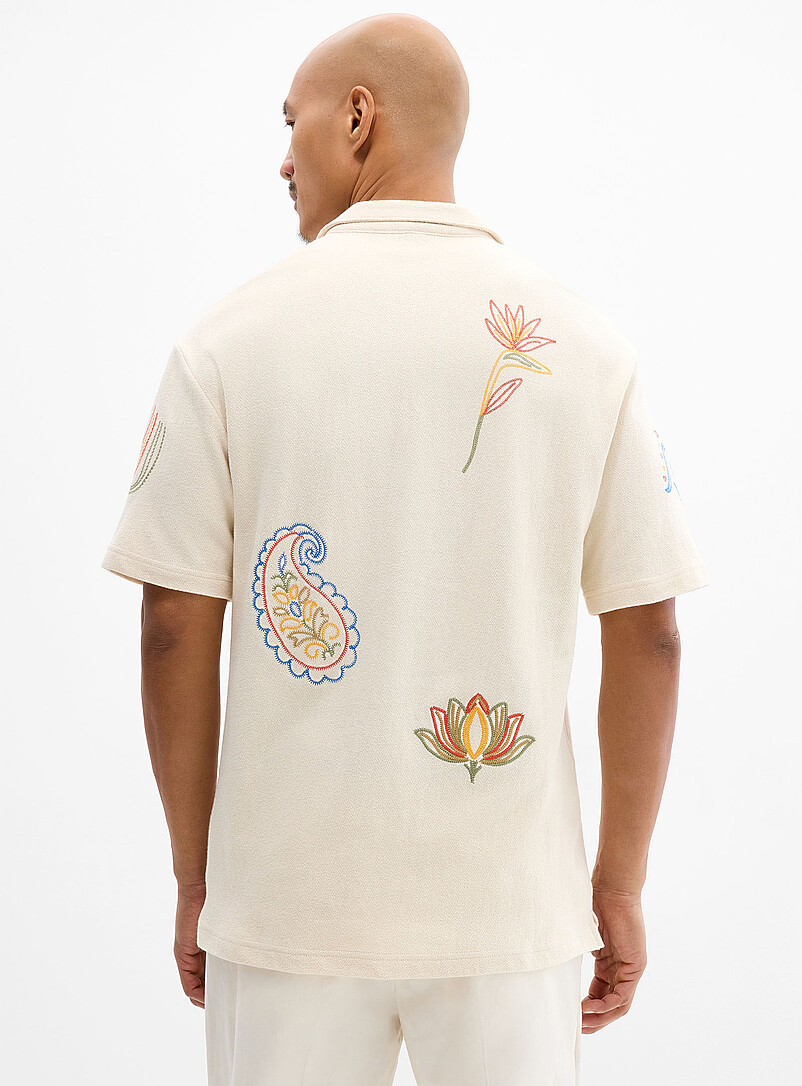 Le 31 Ivory/Cream Beige Embroidered Johnny collar polo <b>Comfort fit</b> for men