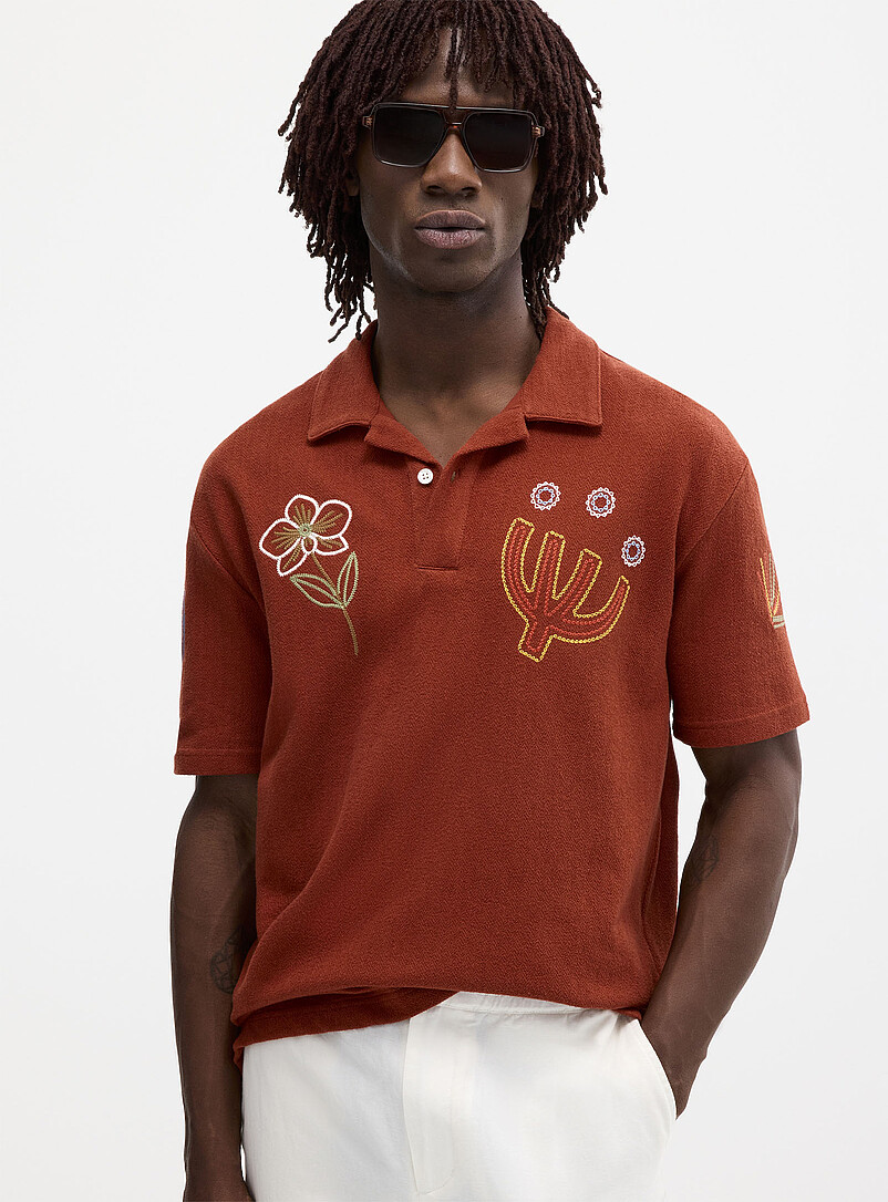 Le 31: Le polo col Johnny brod&eacute; <b>Coupe confort</b> Ivoire - Beige cr&egrave;me pour homme