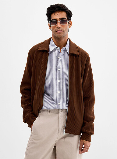 Le 31: Le cardigan col polo jersey c&ocirc;tel&eacute; <b>Coupe confort</b> Chocolat - Espresso pour homme
