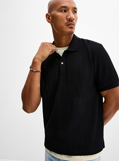 Le 31 Black Nautical rope textured polo for men