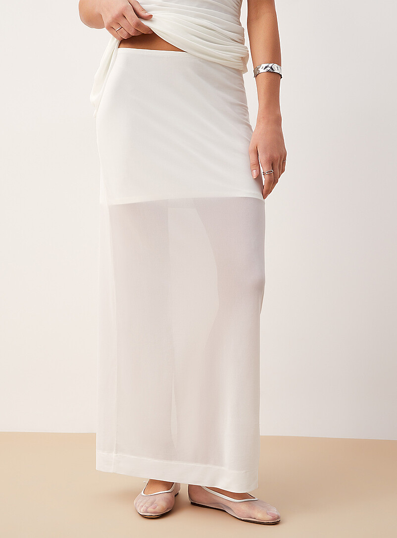 Ic&ocirc;ne Off White Centre slit maxi micromesh skirt for women