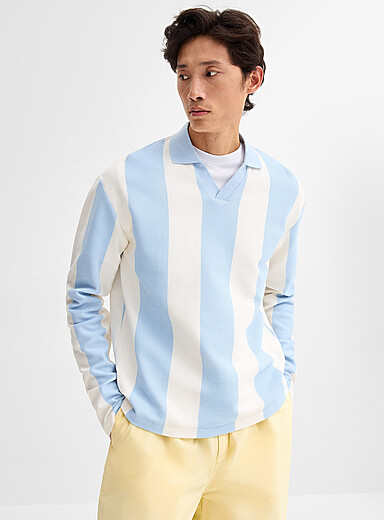 Le 31: Le polo col Johnny rayures verticales <b>Coupe confort</b> Bleu p&acirc;le - Bleu ciel pour homme