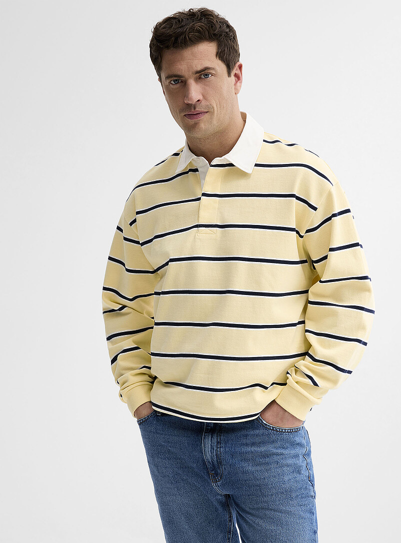 Le 31 Corn/Vanilla Yellow Pastel stripe rugby polo <b>Oversized fit</b> for men