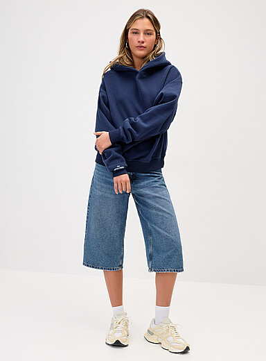 Twik Navy/Midnight Blue Back-print loose hooded sweatshirt for women