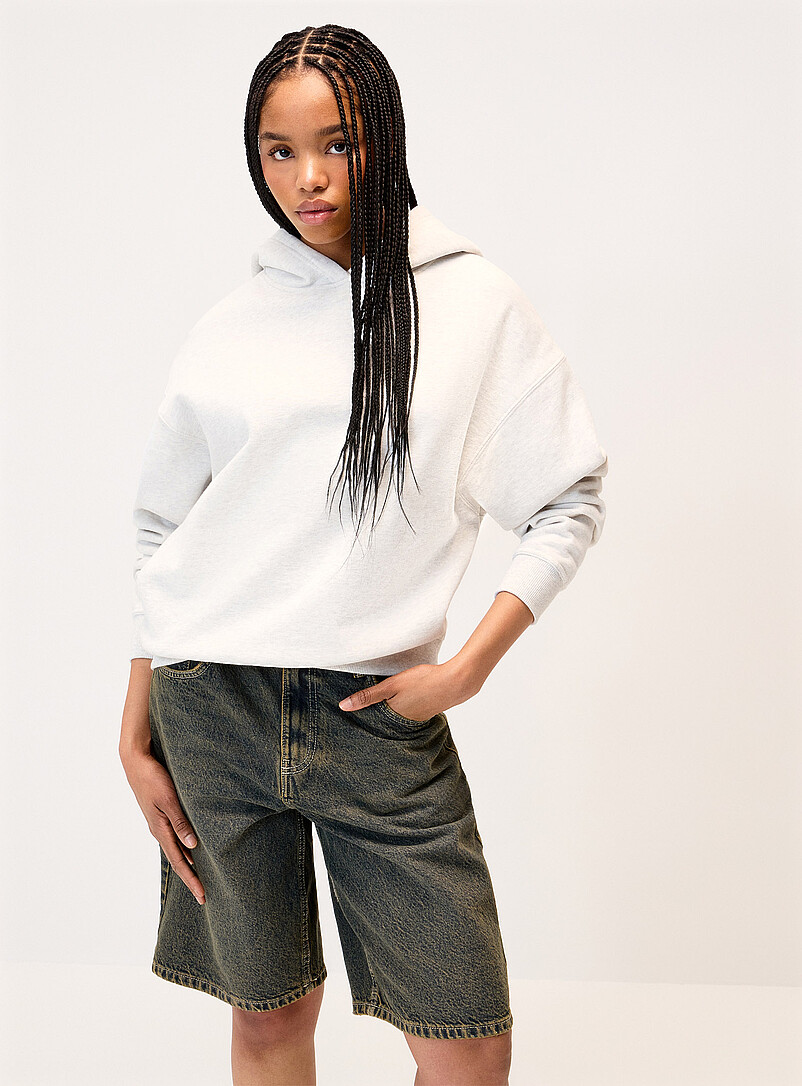 Twik Light grey Back-print loose hooded sweatshirt for women