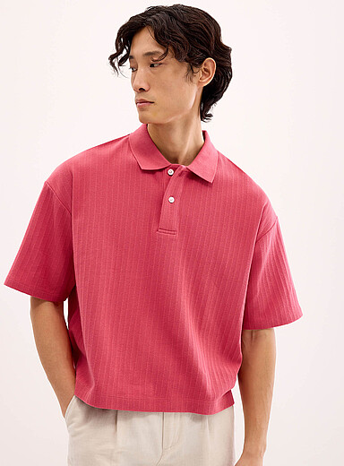 Le 31: Le polo &eacute;court&eacute; rayures grav&eacute;es <b>Coupe surdimensionn&eacute;e</b> Saumon - Corail pour homme