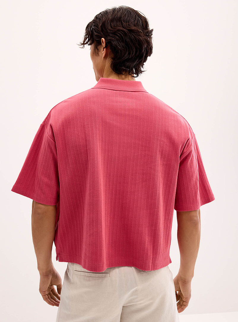 Le 31: Le polo &eacute;court&eacute; rayures grav&eacute;es <b>Coupe surdimensionn&eacute;e</b> Saumon - Corail pour homme