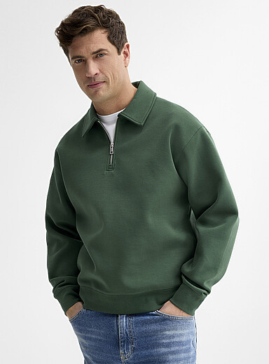 Le 31: Le sweat col polo zipp&eacute; jersey construit Vert pour homme