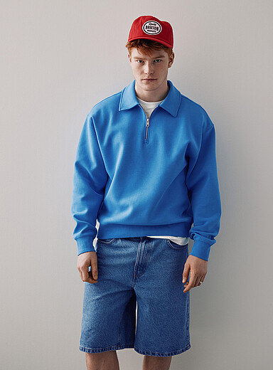Zipped polo-collar structured jersey sweatshirt