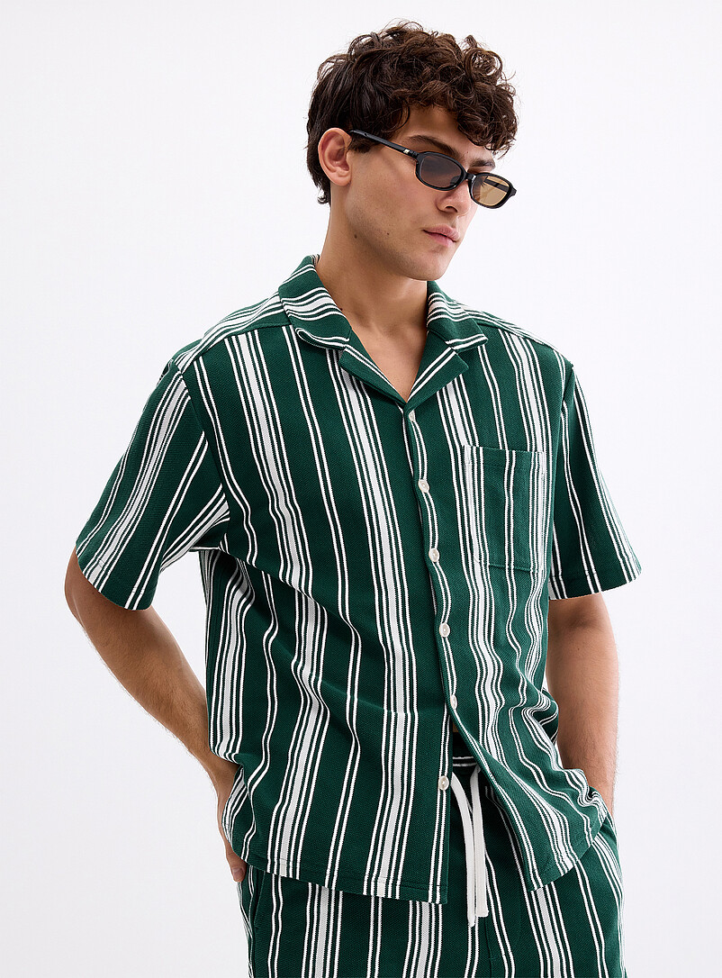 Le 31: La chemise col ouvert tricot ray&eacute; <b>Coupe confort</b> Bleu fonc&eacute; - Indigo pour homme