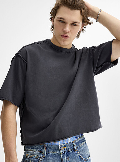 Djab: Le t-shirt ample raccourci finitions &agrave; cru Oxford pour homme