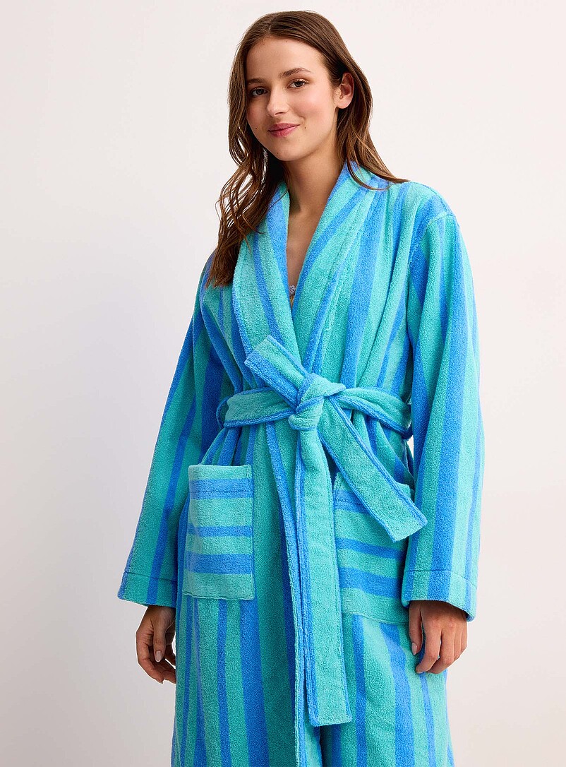 Miiyu Patterned Blue Colourful stripe long terry bathrobe for women
