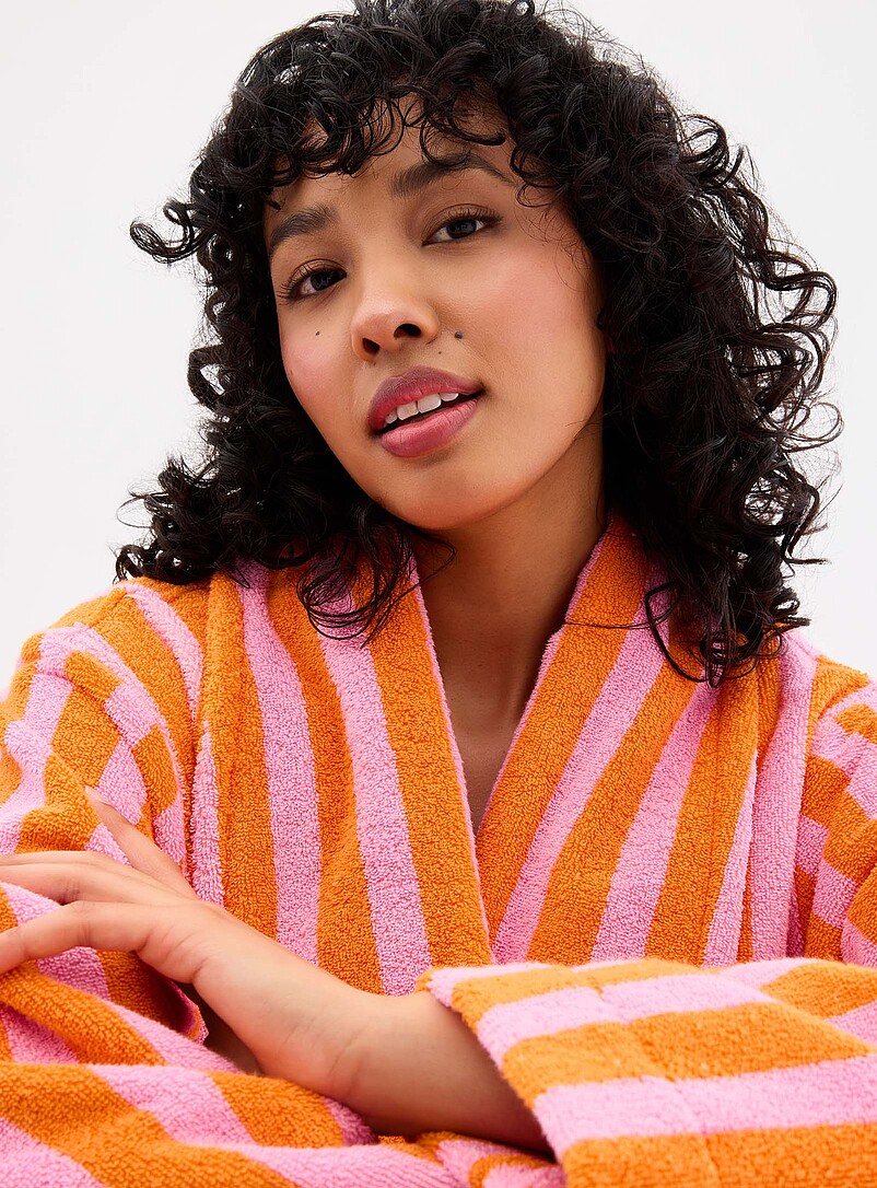 Miiyu Patterned Blue Colourful stripe long terry bathrobe for women