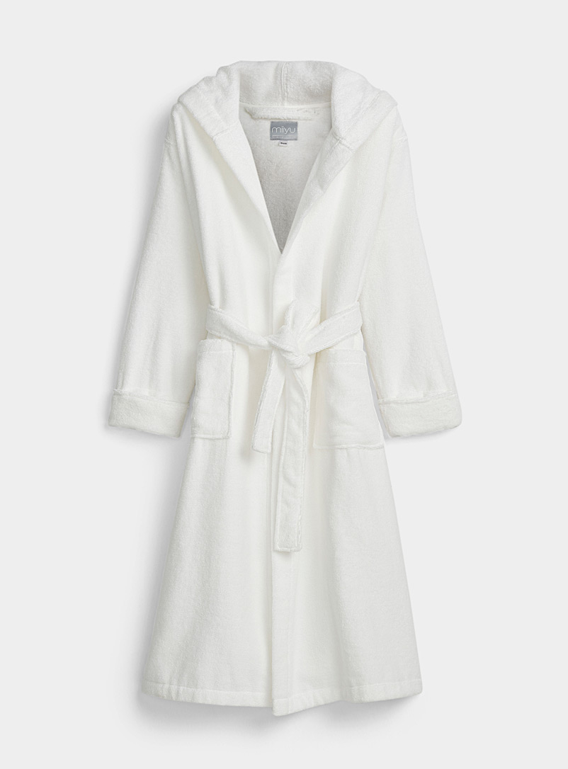 Miiyu White Organic cotton long hooded terry robe for women
