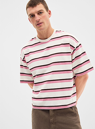 Le 31: Le t-shirt ray&eacute; tricolore <b>Coupe ample</b> Rose pour homme