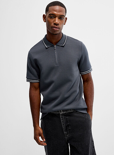 Le 31: Le polo zipp&eacute; textur&eacute; Gris pour homme