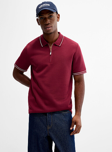Le 31 Red Textured zip polo for men