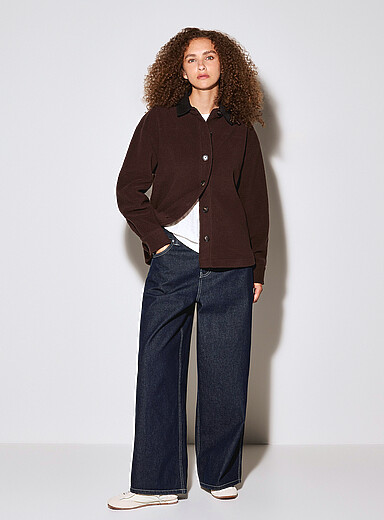 Twik Chocolate/Espresso Corduroy collar high-pile fleece jacket for women