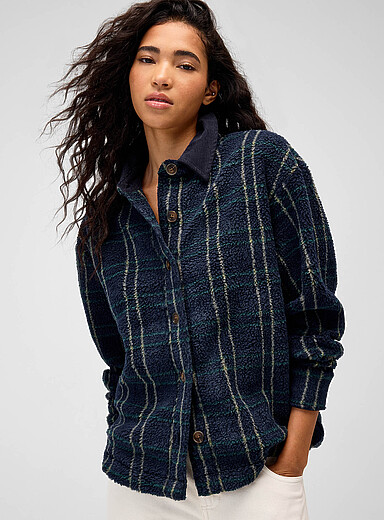 Twik Patterned Blue Corduroy collar high-pile fleece jacket for women