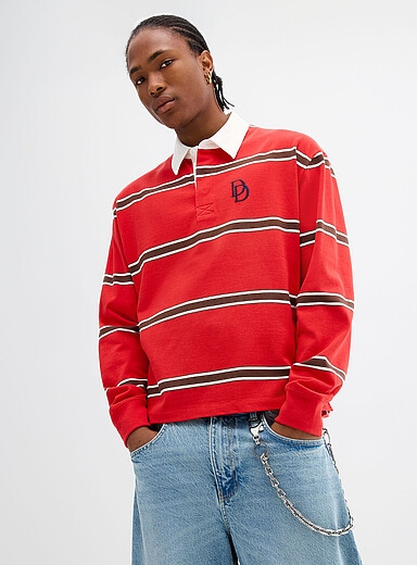 D embroidery striped rugby polo