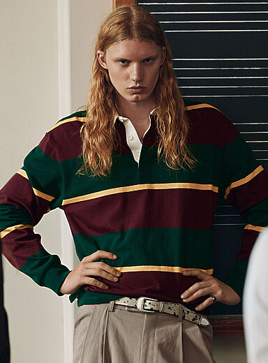 D embroidery striped rugby polo