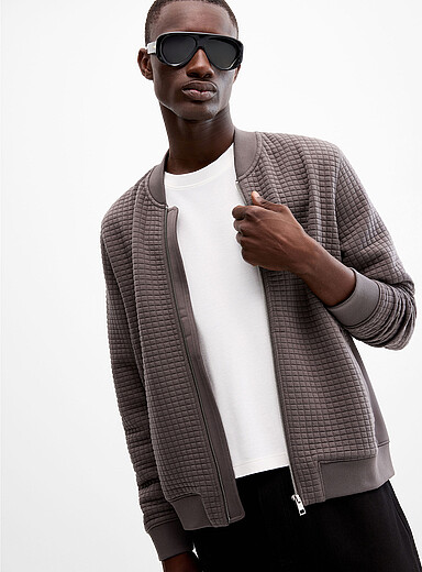 Le 31 Charcoal Embossed geo zip cardigan for men