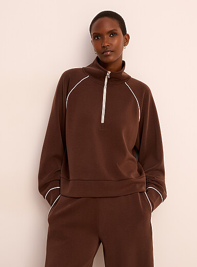 Miiyu: Le sweat col montant zipp&eacute; peau de p&ecirc;che Chocolat - Espresso pour femme