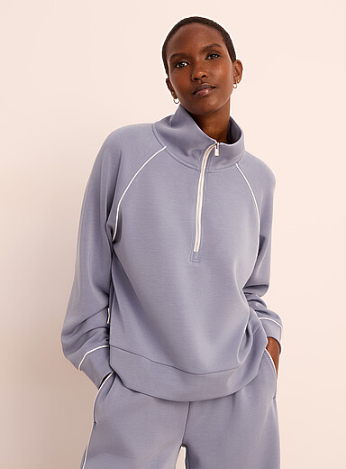 Peach-skin zip-up mock-neck sweatshirt