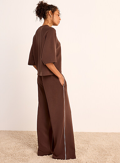 Piped-trim peachskin wide-leg pant
