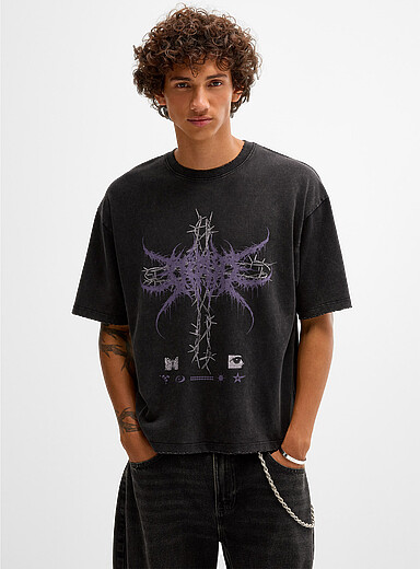 Djab Black Distressed trim graphic T-shirt <b>Oversized fit</b> for men