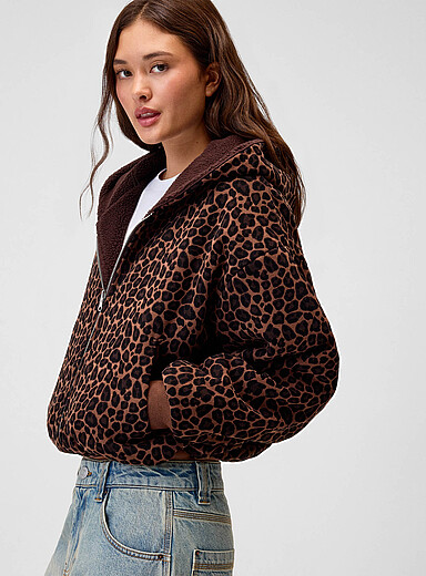 Twik Leopard High-pile fleece lined reversible hooded jacket for women