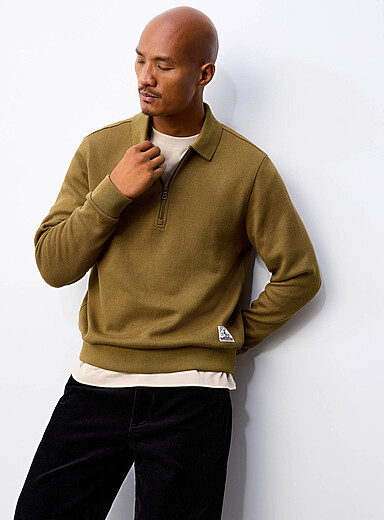 Le 31 Olive Green Flat-ribbed zip-neck polo for men