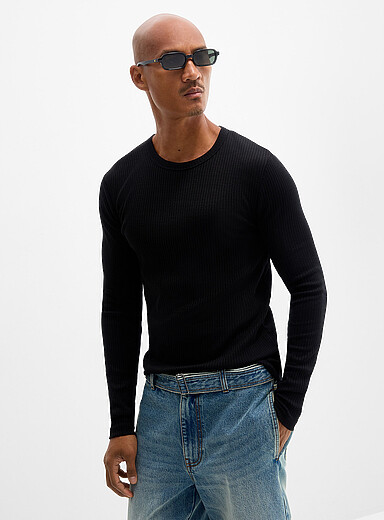 Le 31: Le t-shirt jersey c&ocirc;tes plates <b>Coupe ajust&eacute;e</b> Noir pour homme