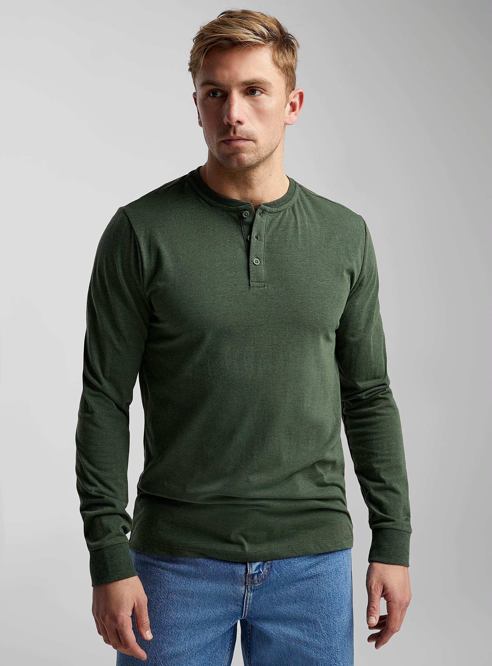 Le 31 Eco-friendly Jersey Henley T-shirt In Mossy Green